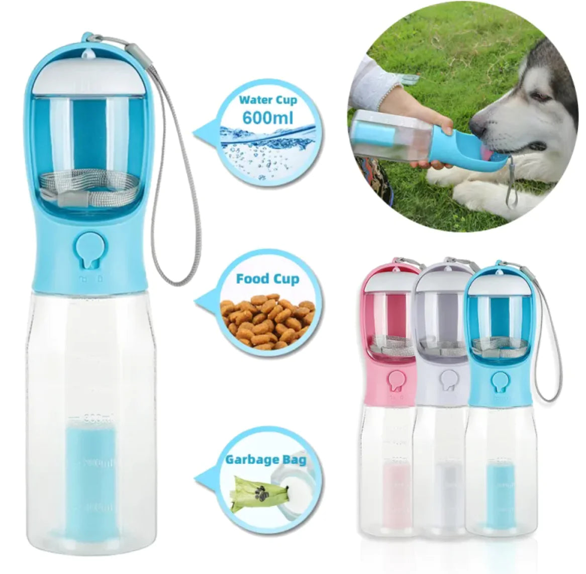 3-in-1 Pet Water & Food Bottle with Waste Bag Holder