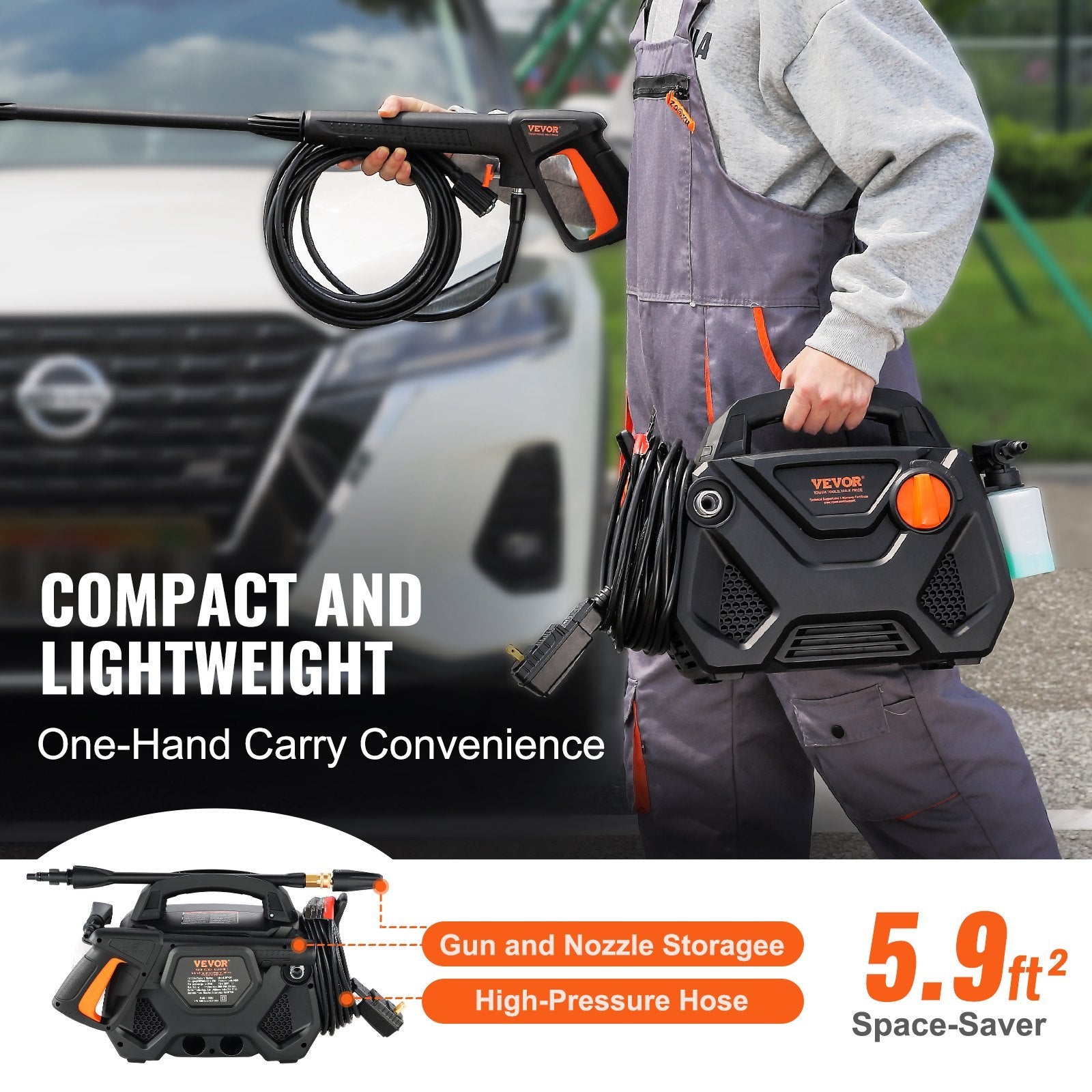 Electric Pressure Washer, 2150-PSI 1.85-GPM, Foam Cannon High-Pressure With 5 Different Nozzle, 20ft Hose35ft Cord Lightweight Washer, Portable Cleans Cars
