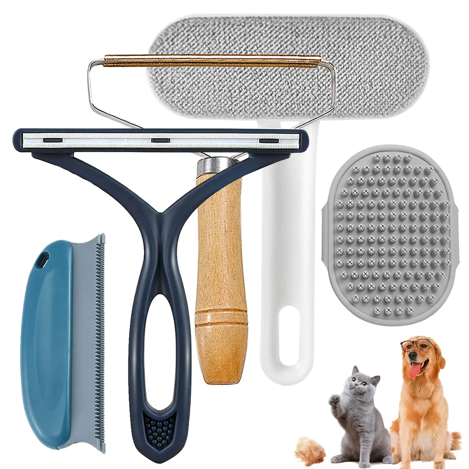 Pet Hair Removal Set - Reusable Carpet Rake Multi-Surface Broom Portable Fur Remover for Couches Furniture Clothes Pet Towers and Dog Hair - 5 Pack