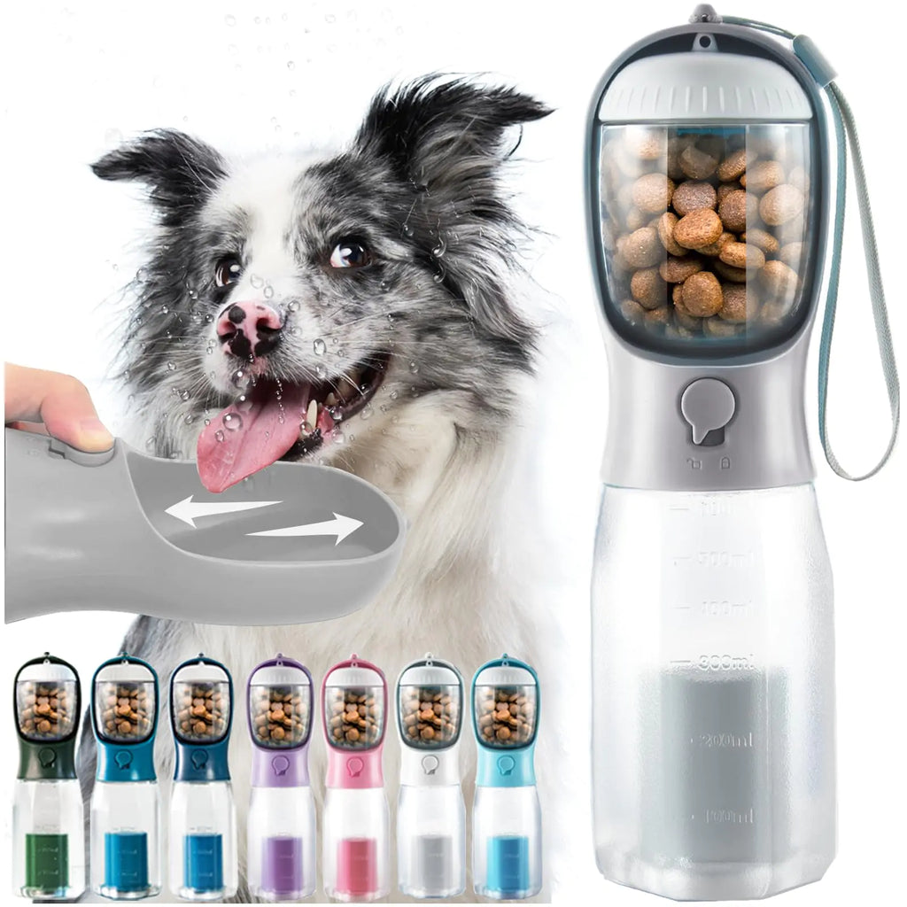 Portable Dog Water Bottle 3-in-1 Dog Travel Water Bowl with Food Container & Poop Bag Holder Pet Water Dispenser Summer Outdoor Walking Hiking Accessories for Large Dog - Gray 20oz